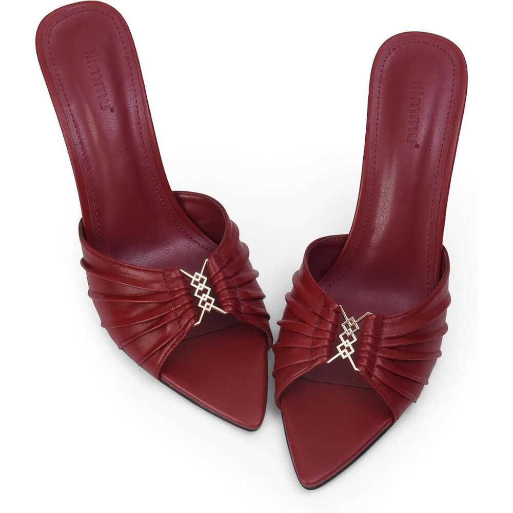 Women's Red Mules High Heels with Pointed Peep Toe Heeled Sandals Faux Leather